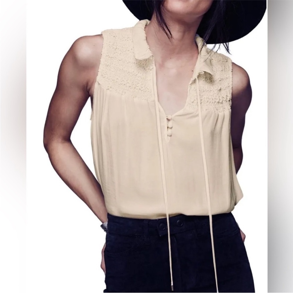 Free People Women's Blouse Ruffle Me Up Sleeveless Smocked V-Neck Top